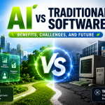AI vs Traditional Software comparison highlighting automation, machine learning, decision-making, and business applications.
