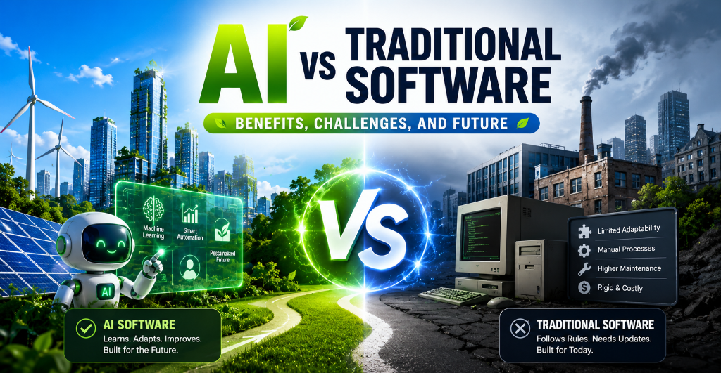 AI vs Traditional Software comparison highlighting automation, machine learning, decision-making, and business applications.