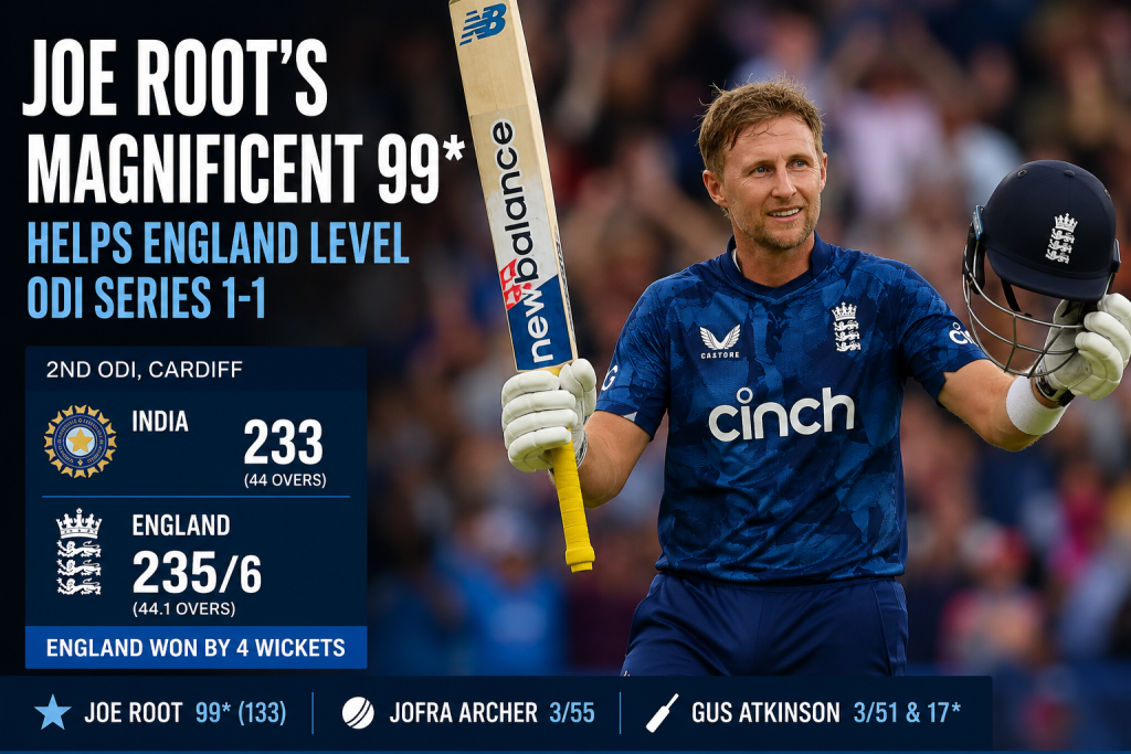 Joe Root’s Unbeaten 99 Helps England Defeat India by Four Wickets, Levels ODI Series 1-1