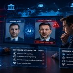 AI-generated deepfake fraud targeting enterprise cybersecurity with digital identity verification and corporate security protection.