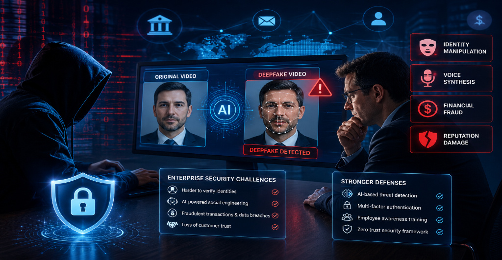 AI-generated deepfake fraud targeting enterprise cybersecurity with digital identity verification and corporate security protection.