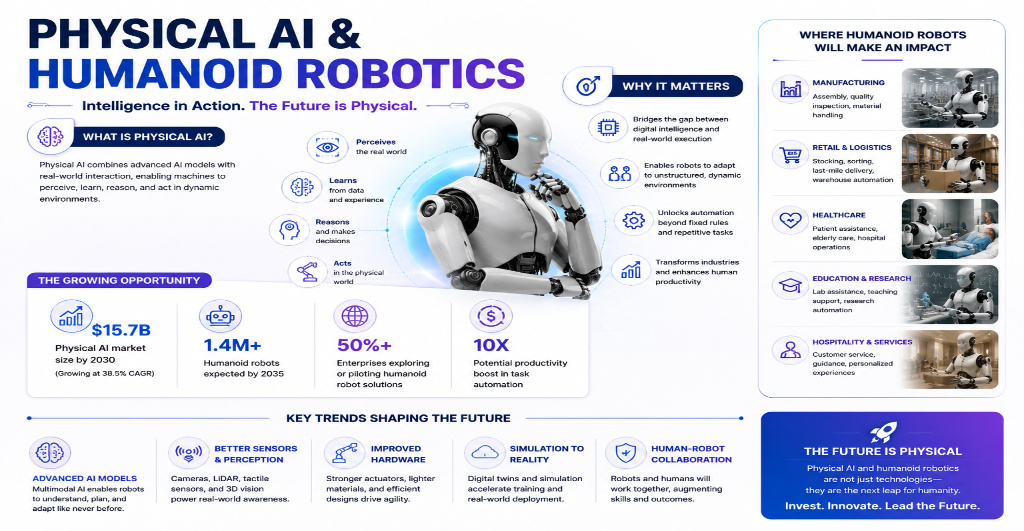Physical AI & Humanoid Robotics transforming industries through intelligent automation and AI-powered humanoid robots.