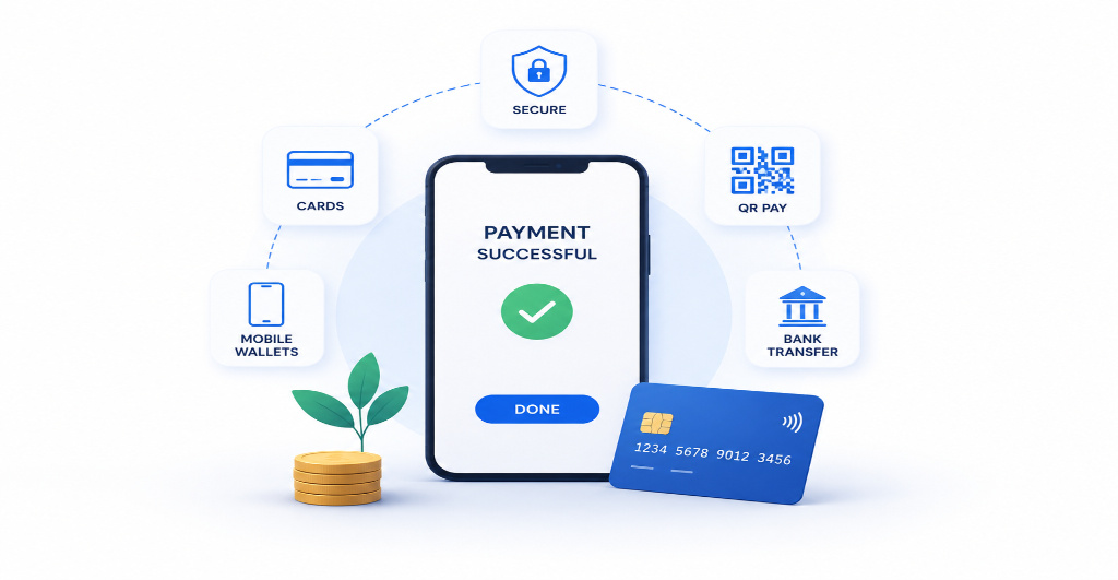 Future of online payments featuring digital wallets, mobile banking, AI-powered payment security, and cashless transactions across connected devices.